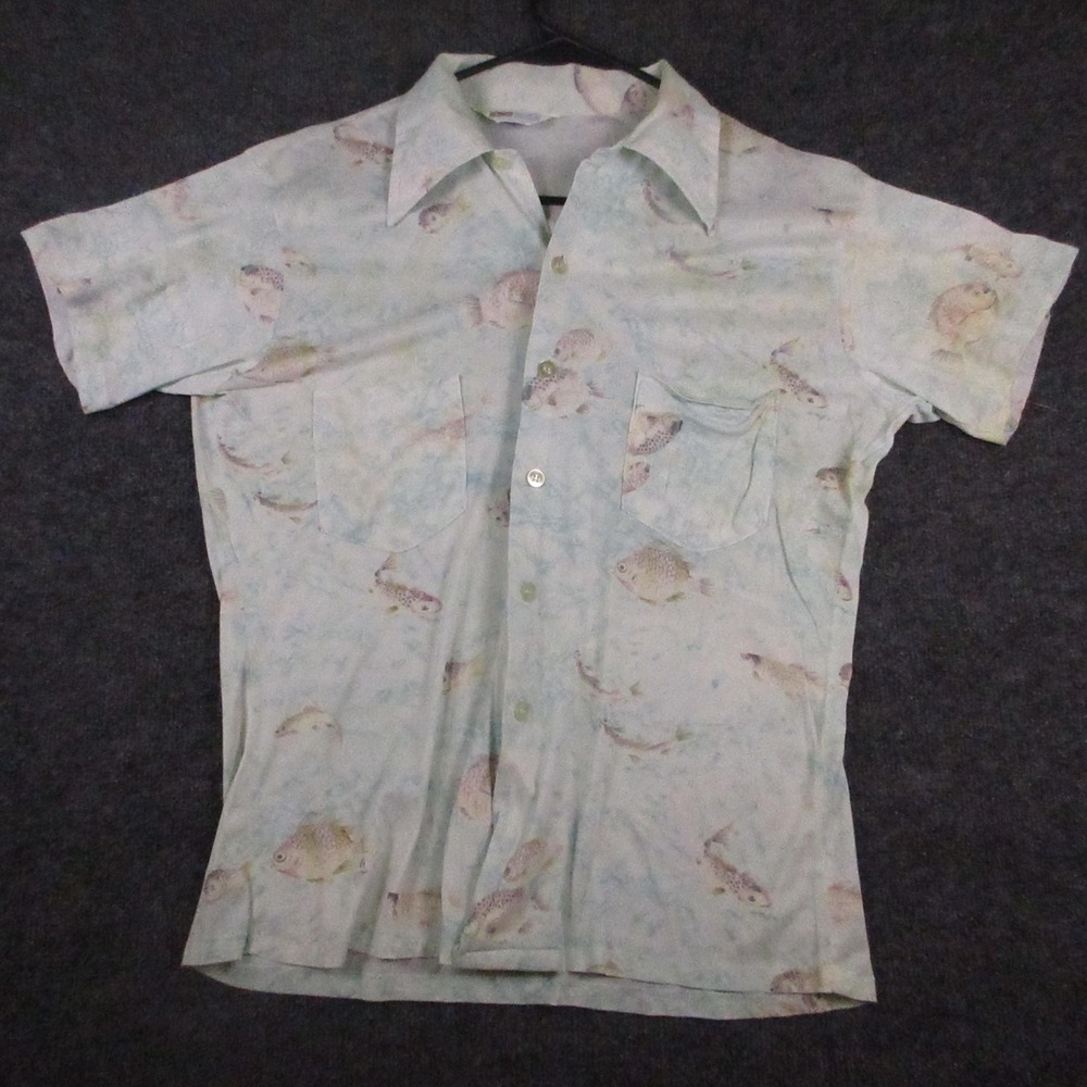 Vintage Grants Shirt Mens Large Multicolor Fish Ocean Short Sleeve Button Up